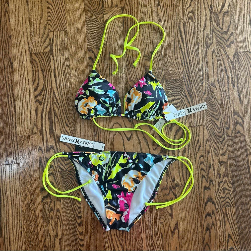 Hurley neon yellow and floral reversible top size medium bikini NWT $84